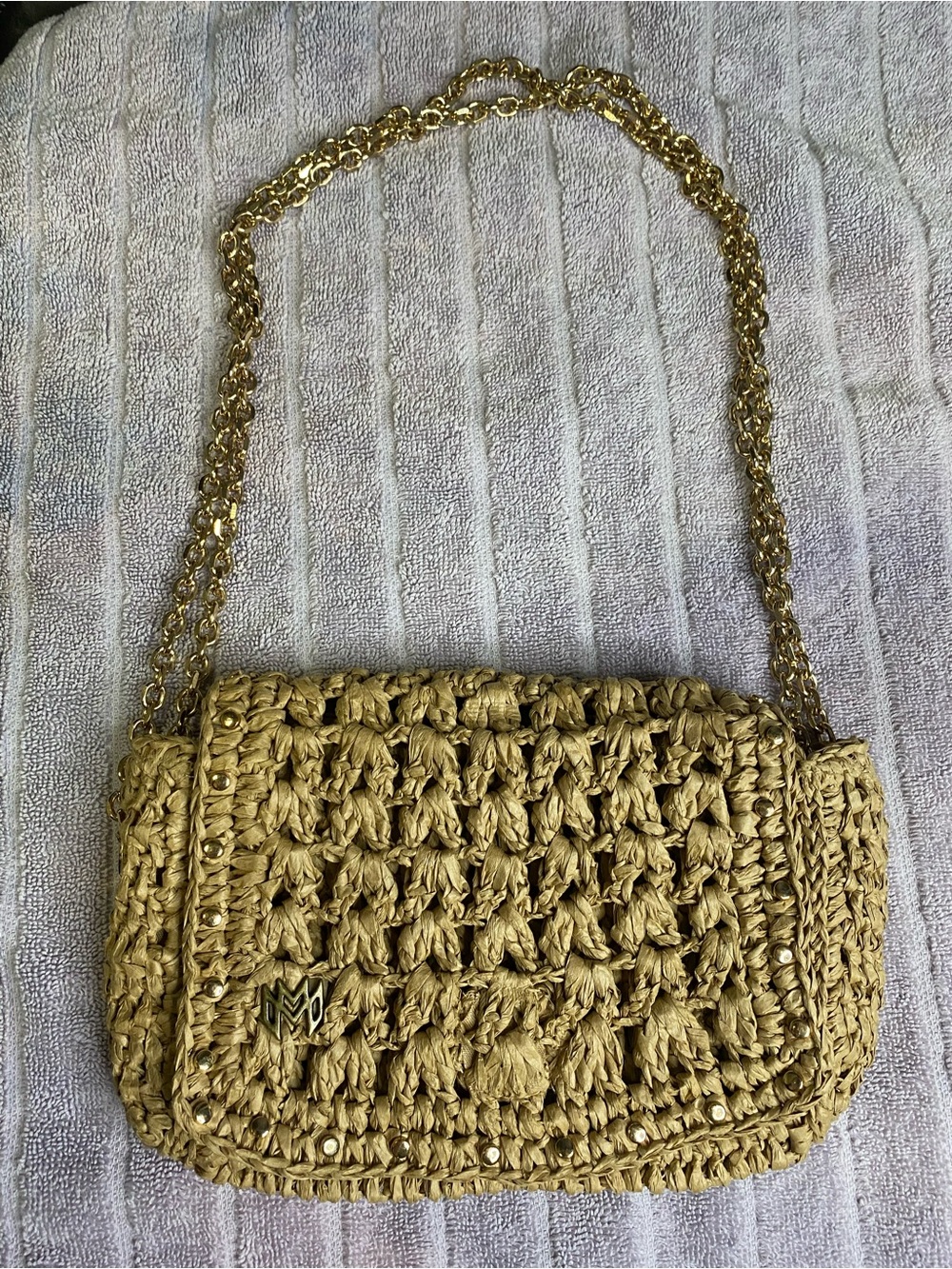 Woven Raffia Chain-Handle Shoulder Bag tan